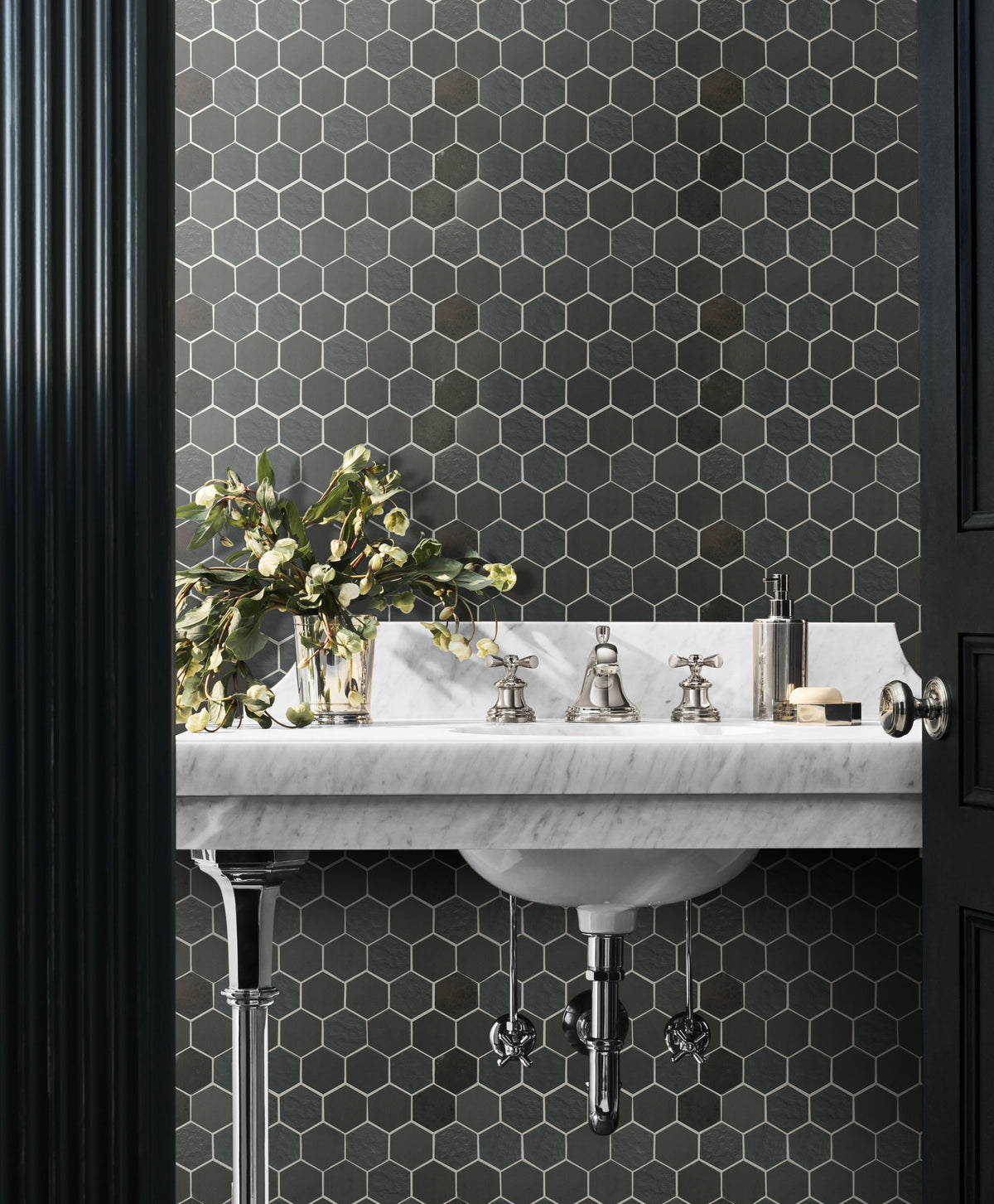 Bathroom wall with Ancient Sky 2" Hexagon Porcelain Mosaic Tiles – soft blue tones creating a calm and serene space