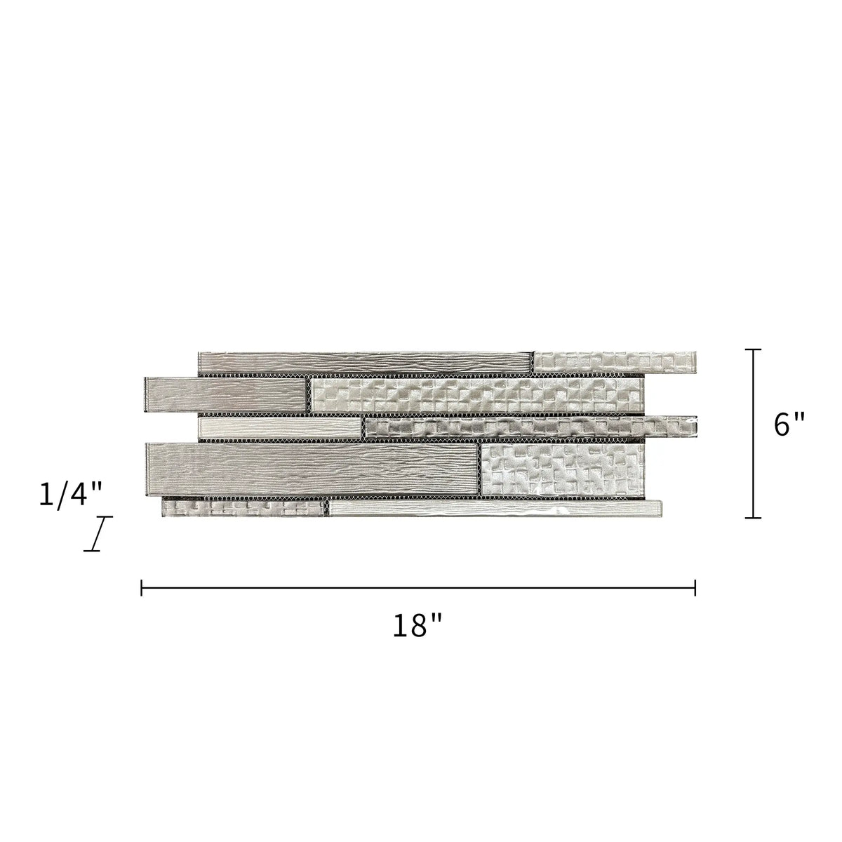 Size diagram of 6x18 inch Mixed Neutrals Glass Random Strip Mosaic Tile – labeled for wall installation, 0.75 sq. ft coverage