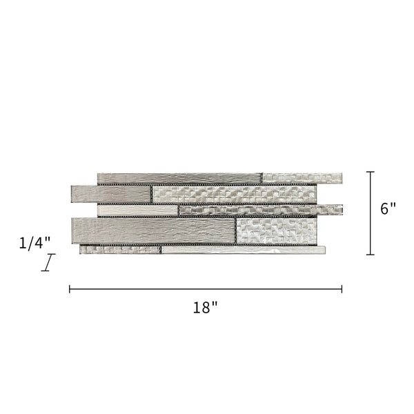 Size diagram of 6x18 inch Mixed Neutrals Glass Random Strip Mosaic Tile – labeled for wall installation, 0.75 sq. ft coverage