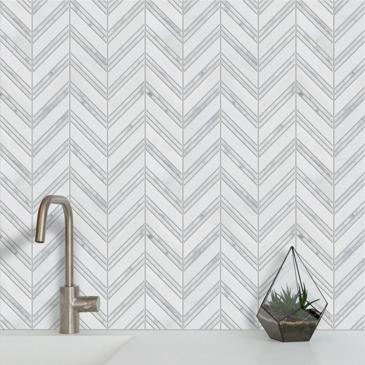 Carrara & Oriental White Chevron Polished  Marble Mosaic Wall Tile - Sample (Product Shown is Full Size)