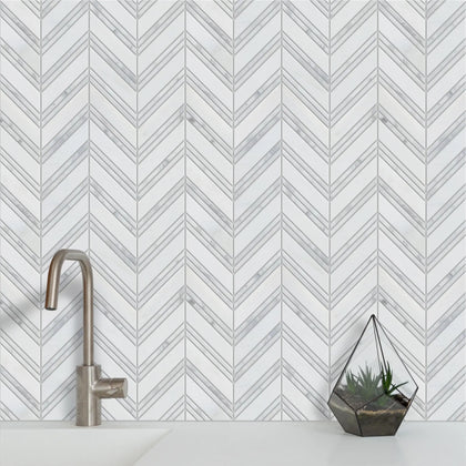 Carrara & Oriental White Chevron 12-in x 12-in Polished  Marble Mosaic Wall Tile( 5 sq. ft. /Box )