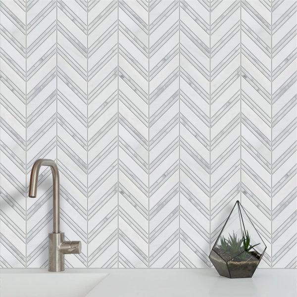 Carrara & Oriental White Chevron 12-in x 12-in Polished  Marble Mosaic Wall Tile( 5 sq. ft. /Box )