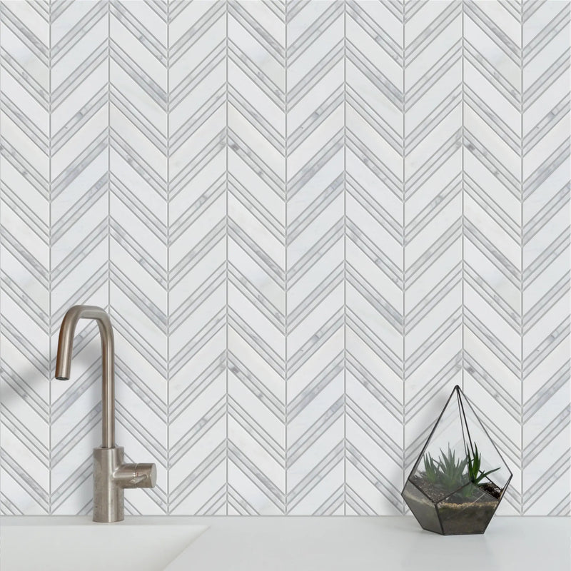 Carrara & Oriental White Chevron Polished  Marble Mosaic Wall Tile - Sample (Product Shown is Full Size)