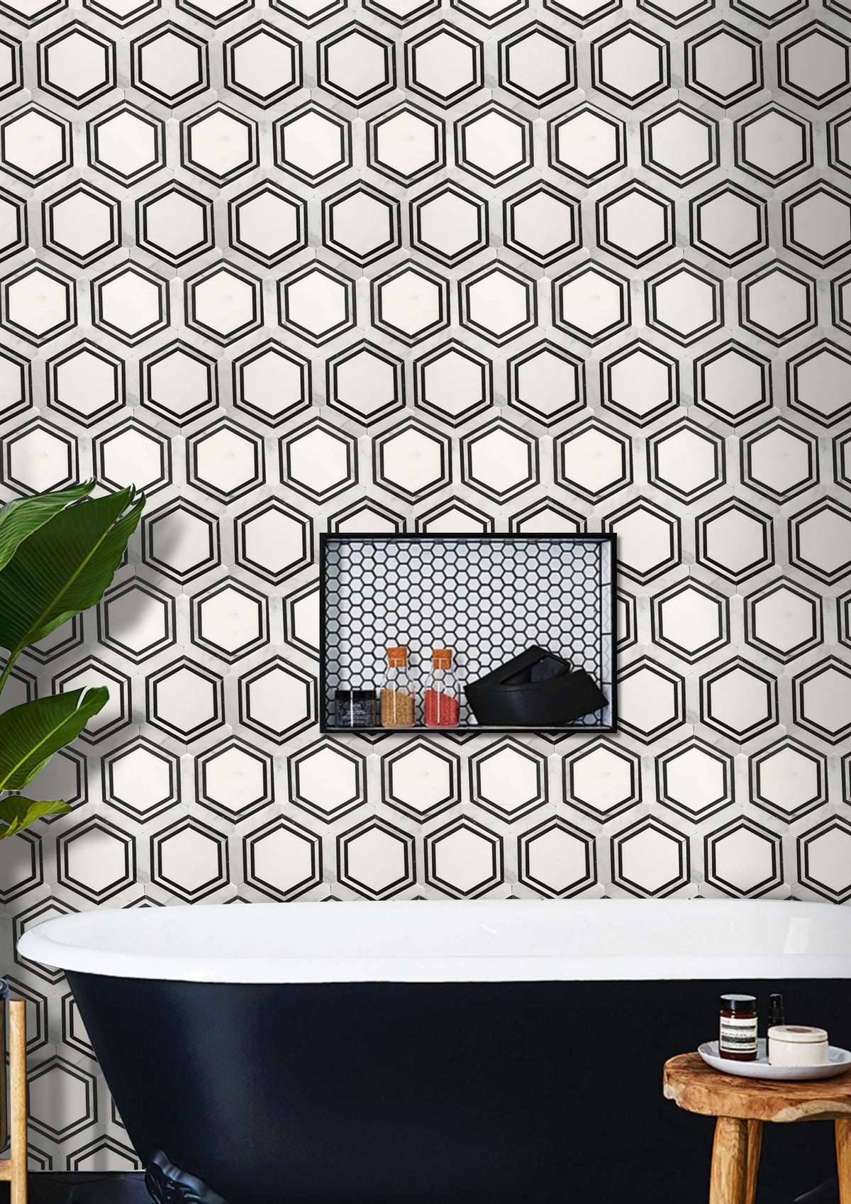 Black & White Hexagon 16-in x 14-in Polished Waterjet Mosaic Floor and Wall Tile( 7.8 sq. ft. /Box )