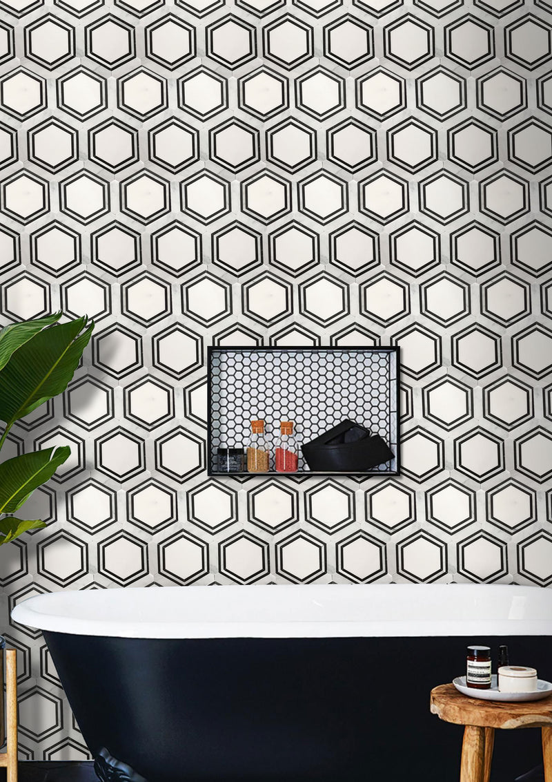 Black & White Hexagon 16-in x 14-in Polished Waterjet Mosaic Floor and Wall Tile( 7.8 sq. ft. /Box )