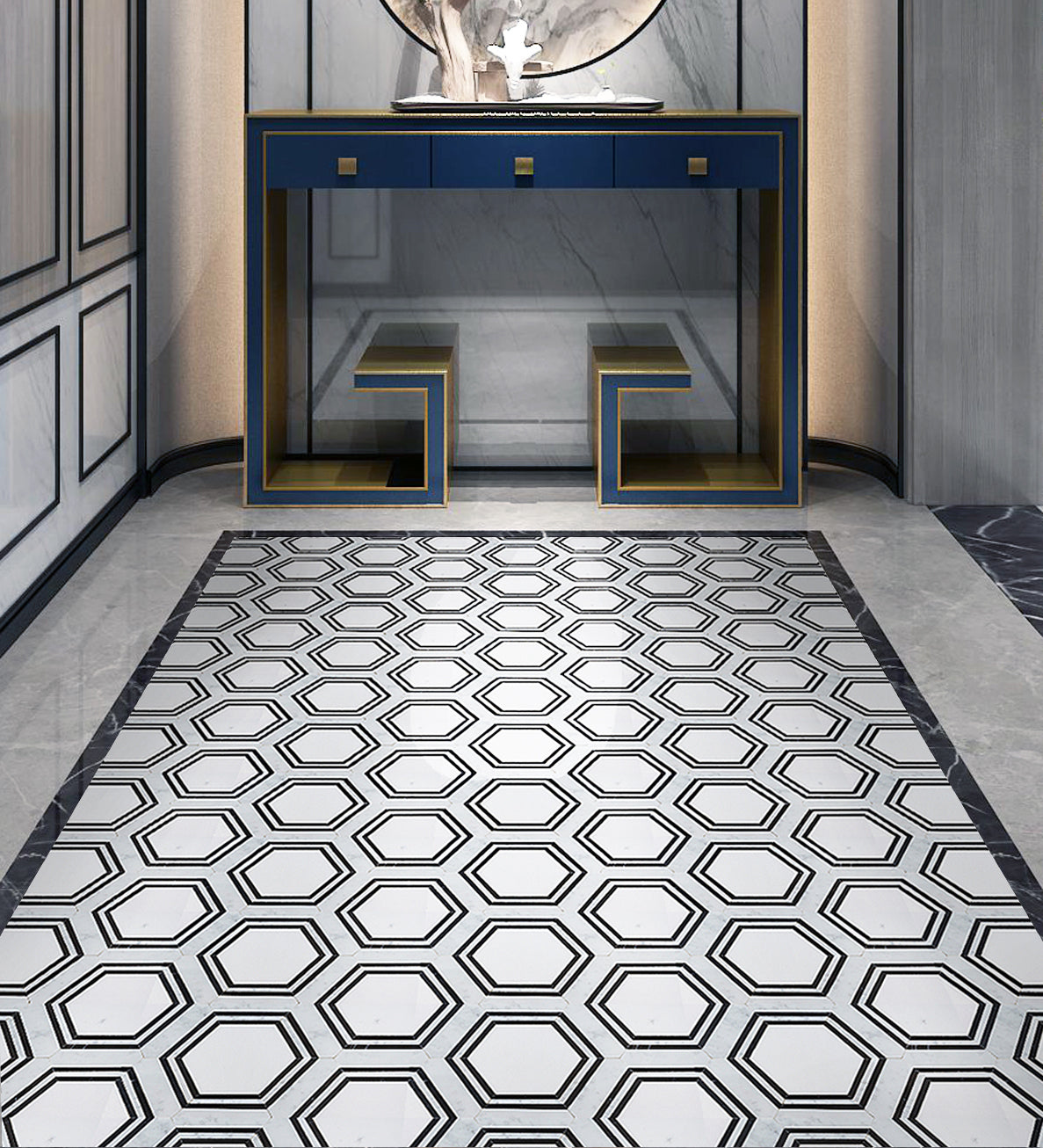 Black & White Hexagon 16-in x 14-in Polished Waterjet Mosaic Floor and Wall Tile( 7.8 sq. ft. /Box )