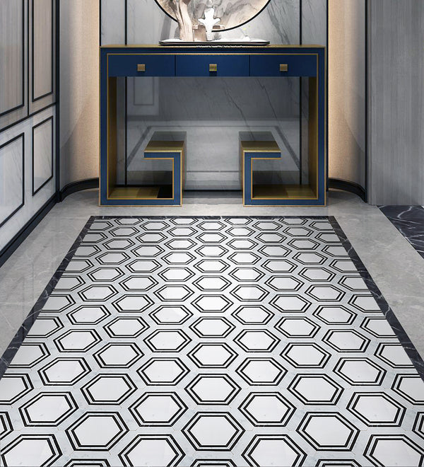 Black & White Hexagon 16-in x 14-in Polished Waterjet Mosaic Floor and Wall Tile( 7.8 sq. ft. /Box )