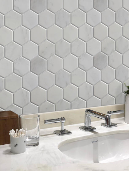 3-in Oriental White Hexagon 12-in x 10-in Polished Marble Mosaic Floor and Wall Tile - Sample (Product Shown is Full Size)
