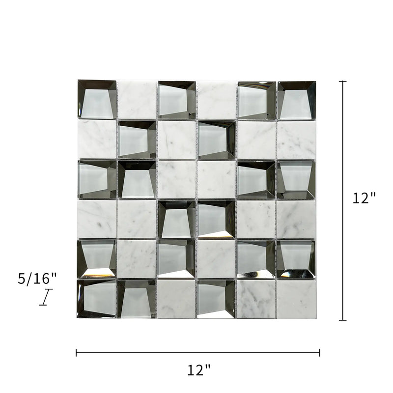 12-in x 12-in Carrara & 3D Glass Mix Glass with Marble Mosaic Wall Tile( 10 sq. ft. /Box )