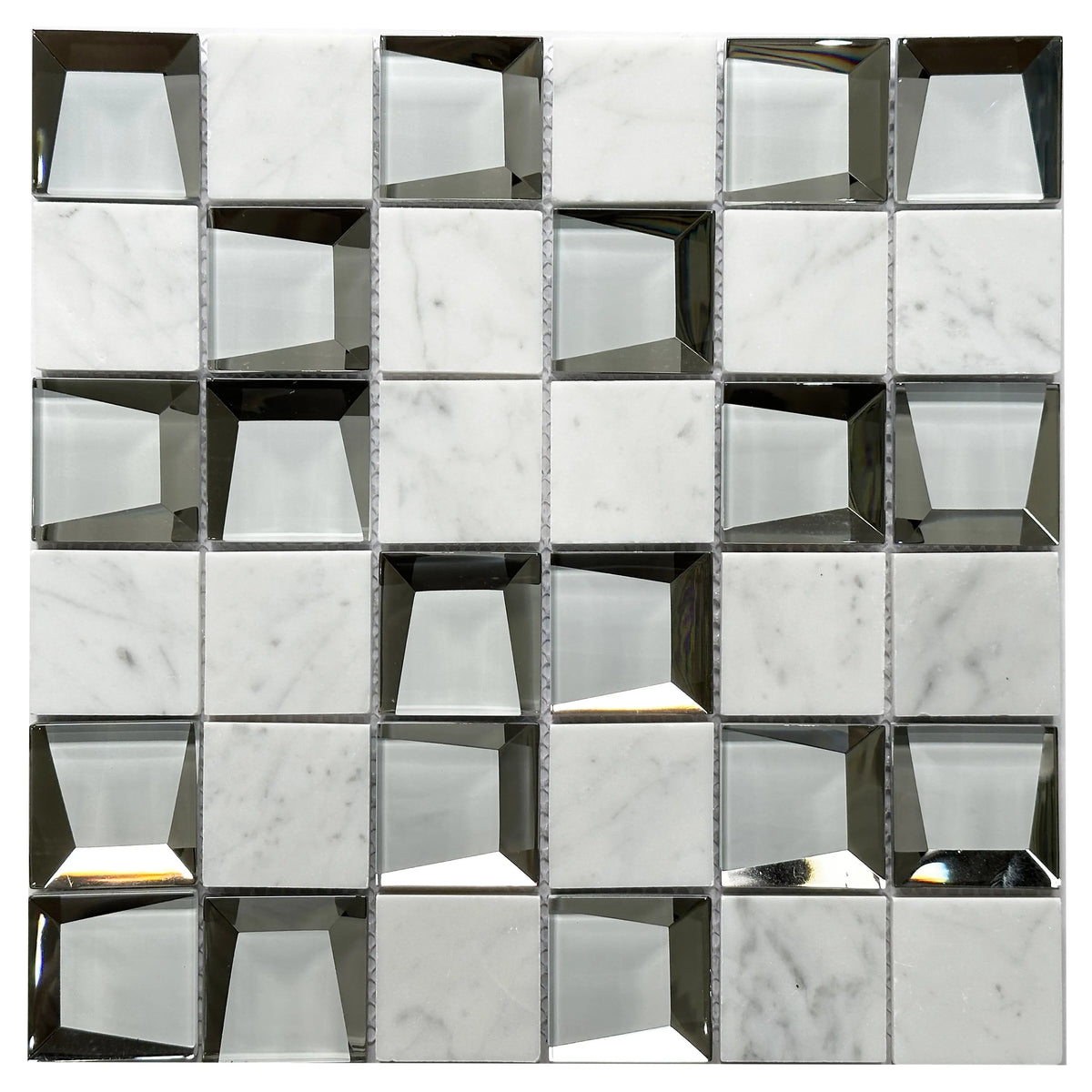 12-in x 12-in Carrara & 3D Glass Mix Glass with Marble Mosaic Wall Tile( 10 sq. ft. /Box )