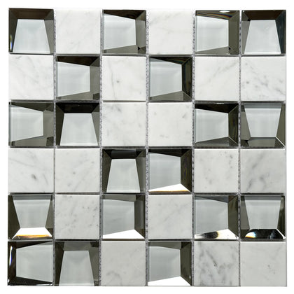 12-in x 12-in Carrara & 3D Glass Mix Glass with Marble Mosaic Wall Tile( 10 sq. ft. /Box )