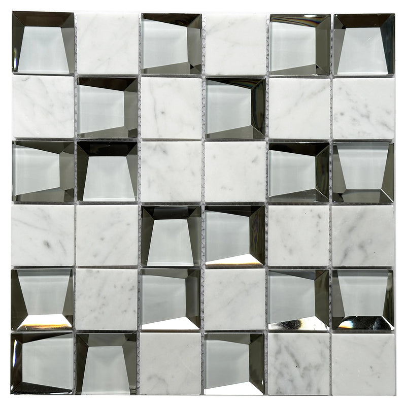 12-in x 12-in Carrara & 3D Glass Mix Glass with Marble Mosaic Wall Tile( 10 sq. ft. /Box )