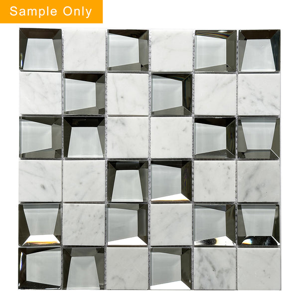 Carrara & 3D Glass Mix Glass with Marble Mosaic Wall Tile - Sample (Product Shown is Full Size)