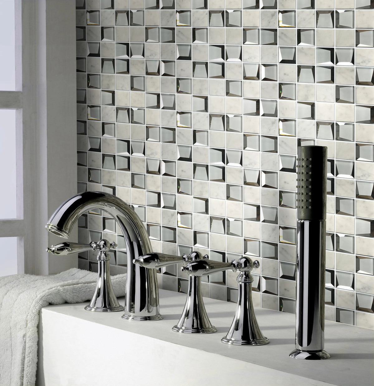 12-in x 12-in Carrara & 3D Glass Mix Glass with Marble Mosaic Wall Tile( 10 sq. ft. /Box )