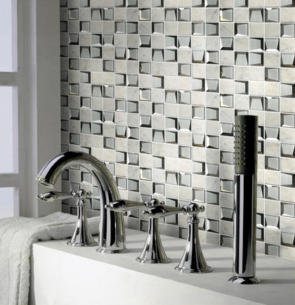 12-in x 12-in Carrara & 3D Glass Mix Glass with Marble Mosaic Wall Tile( 10 sq. ft. /Box )