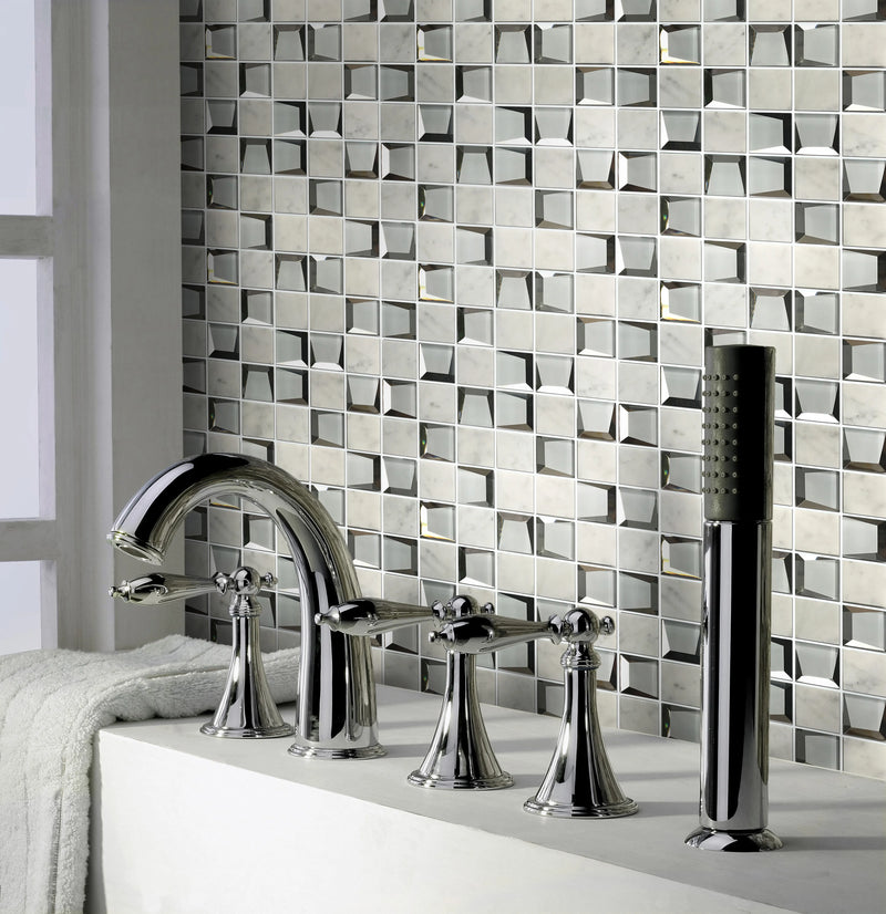 12-in x 12-in Carrara & 3D Glass Mix Glass with Marble Mosaic Wall Tile( 10 sq. ft. /Box )