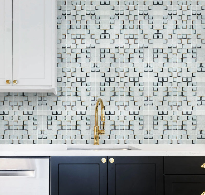 12-in x 12-in Carrara & 3D Glass Mix Glass with Marble Mosaic Wall Tile( 10 sq. ft. /Box )