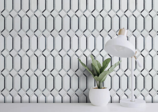 15-in x 12-in Elongated Hexagon Diamond White & Gray  Marble Mosaic  Wall Tile( 6.25 sq. ft. /Box )