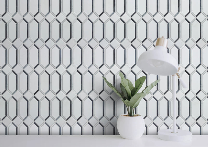 15-in x 12-in Elongated Hexagon Diamond White & Gray  Marble Mosaic  Wall Tile( 6.25 sq. ft. /Box )