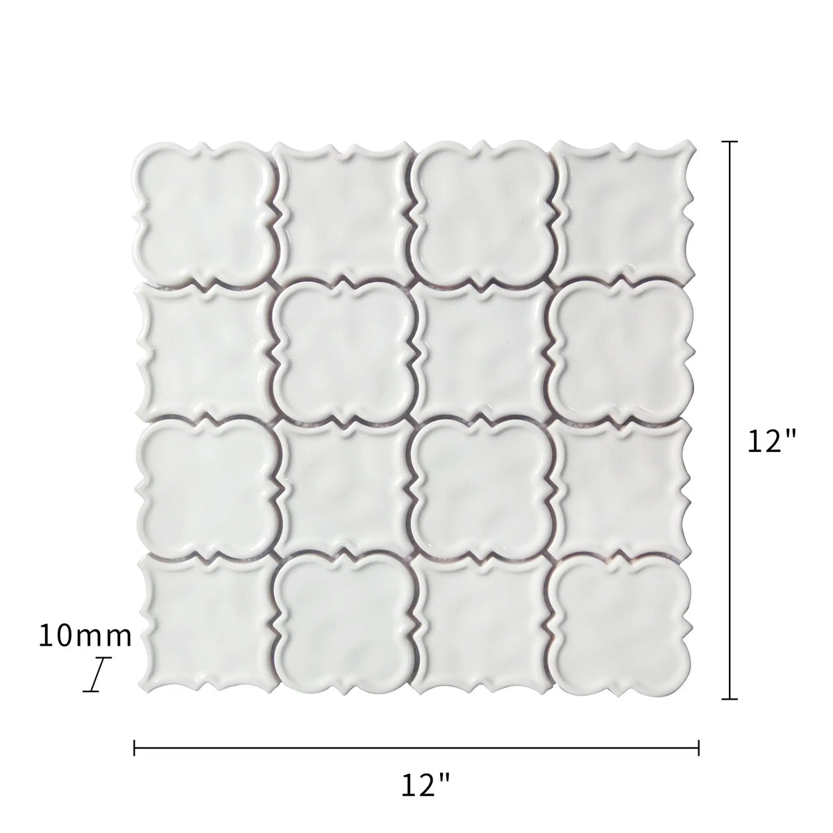 Size diagram of White Square Pattern Ceramic Mosaic Tile – 12x12 inch layout with 1 sq. ft coverage, showing tile dimensions and pattern.