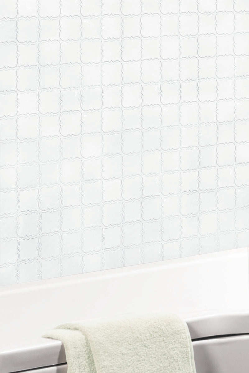 Modern kitchen featuring White Square Pattern ceramic mosaic tile – simple and elegant white design enhances the cooking space