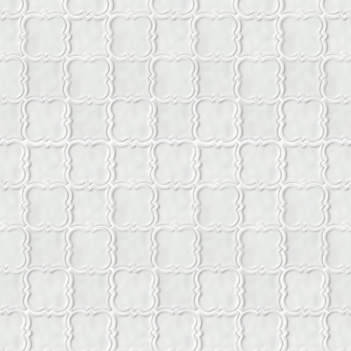 Sample display board featuring White Square Pattern Ceramic Mosaic Tile – elegant white 12x12 inch tile for showroom or design presentation.