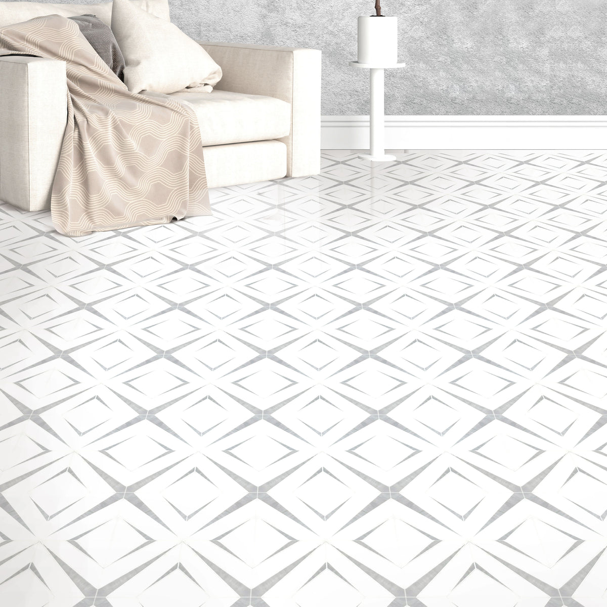 Living room floor featuring Aphrodite Light Gray Diamond Pattern Waterjet Mosaic Tile – polished marble with modern geometric design