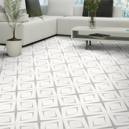 Living room floor featuring Aphrodite Light Gray Diamond Pattern Waterjet Mosaic Tile – polished marble with modern geometric design