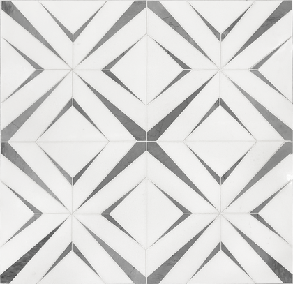 Display board showcasing Aphrodite Light Gray Diamond Pattern Waterjet Mosaic Tile – polished marble geometric tile samples for showroom
