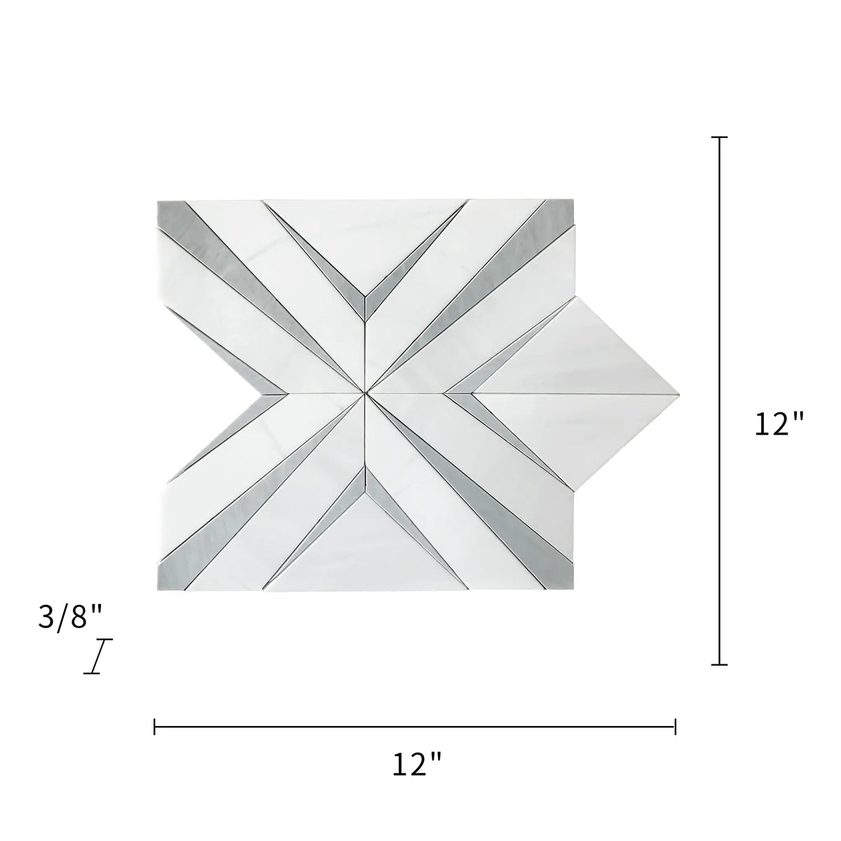 Size diagram of 12x12 inch Aphrodite Light Gray Diamond Pattern Waterjet Mosaic Tile – labeled for floor and wall installation, 1 sq. ft per piece