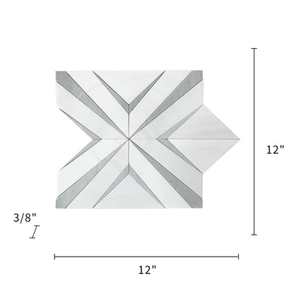 Size diagram of 12x12 inch Aphrodite Light Gray Diamond Pattern Waterjet Mosaic Tile – labeled for floor and wall installation, 1 sq. ft per piece