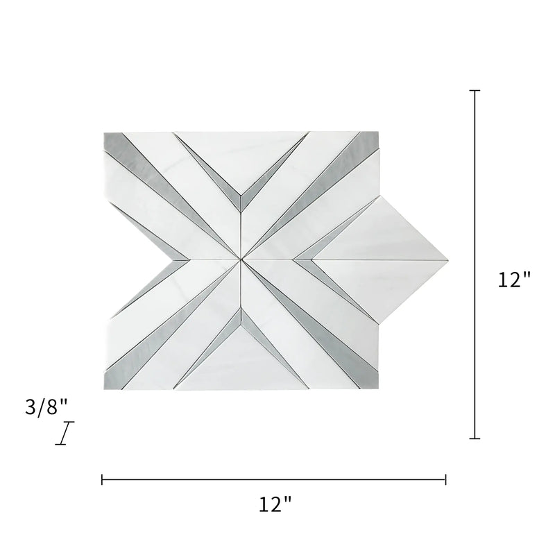 Size diagram of 12x12 inch Aphrodite Light Gray Diamond Pattern Waterjet Mosaic Tile – labeled for floor and wall installation, 1 sq. ft per piece