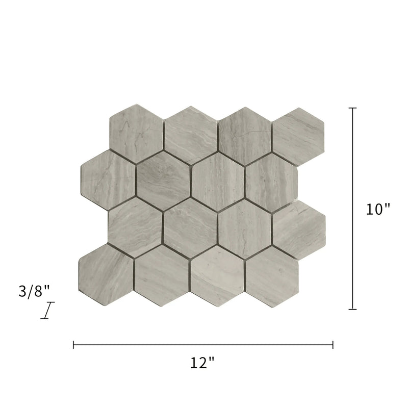 3-in Wooden gray Hexagon 12-in x 10-in Honed Marble Mosaic Wall Tile( 4.15 sq. ft. /Box )