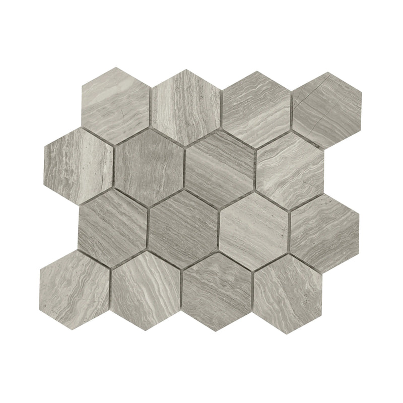 3-in Wooden gray Hexagon 12-in x 10-in Honed Marble Mosaic Wall Tile( 4.15 sq. ft. /Box )