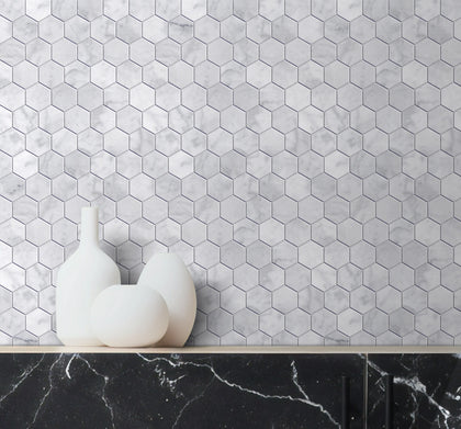 2-in Carrara White Hexagon 12-in x 12-in Honed Marble Mosaic Floor and Wall Tile( 5 sq. ft. /Box )
