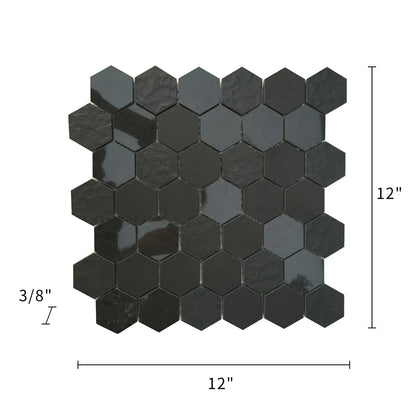 Size diagram of 12x12 inch Ancient Sky 2" Hexagon Porcelain Mosaic Tile – labeled for wall and floor use, 1 sq. ft coverage