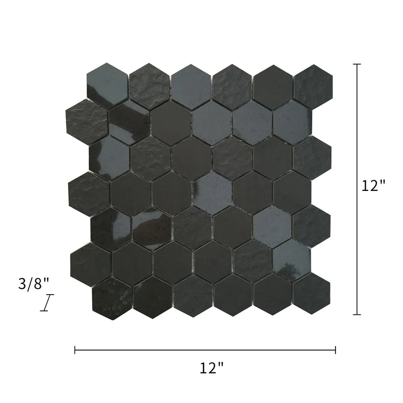 Size diagram of 12x12 inch Ancient Sky 2" Hexagon Porcelain Mosaic Tile – labeled for wall and floor use, 1 sq. ft coverage