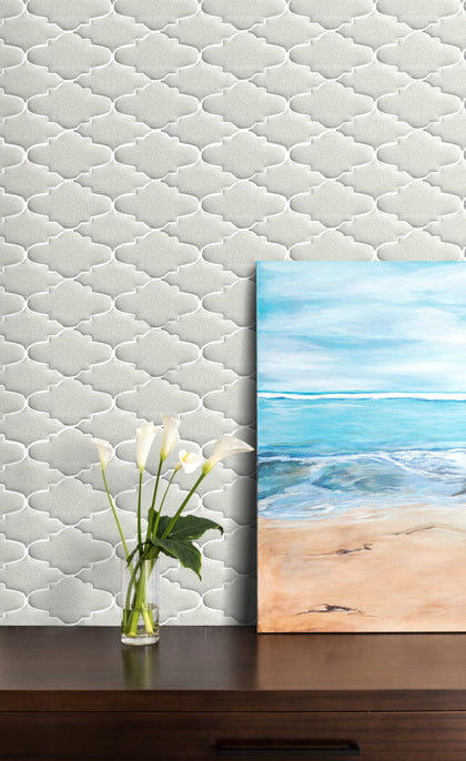 Living room wall featuring Blanco Crackled Porcelain Mosaic Tiles – elegant white tiles with crackled finish for a timeless look
