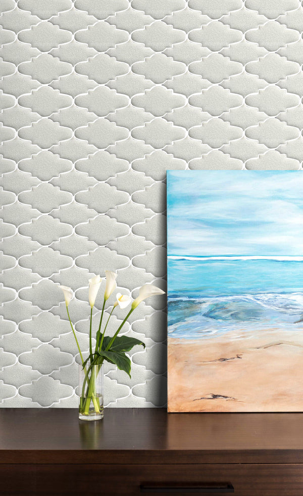 Living room wall featuring Blanco Crackled Porcelain Mosaic Tiles – elegant white tiles with crackled finish for a timeless look