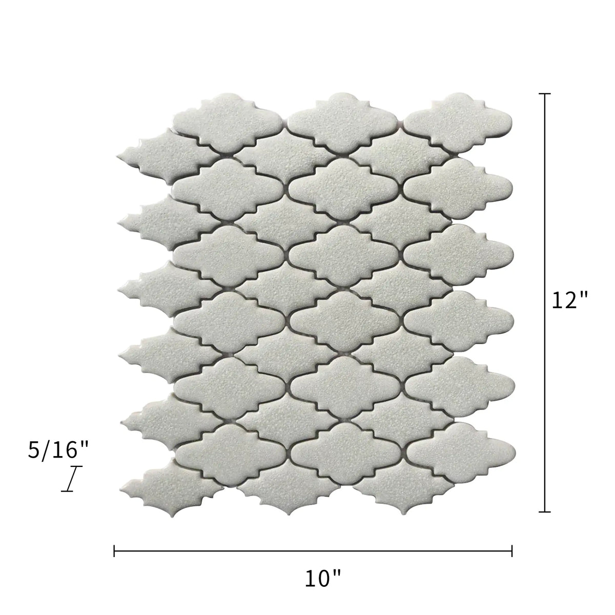 Size diagram of 10x12 inch Blanco Crackled Porcelain Mosaic Tile – labeled for wall and floor use, 0.83 sq. ft coverage