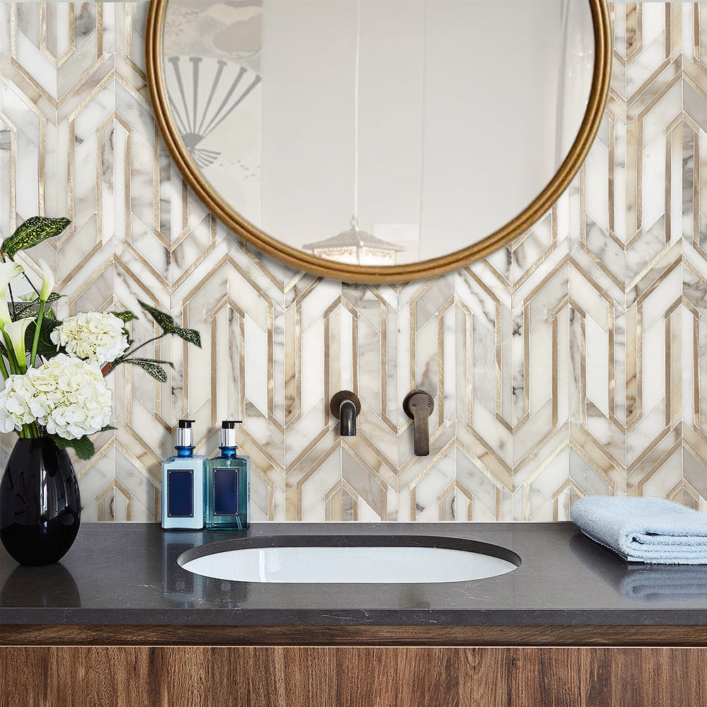 Arrows-Calacatta Gold with Gold Metal Accents 12-in x 9-in Polished Waterjet Mosaic Wall Tile( 3.55 sq. ft. /Box )