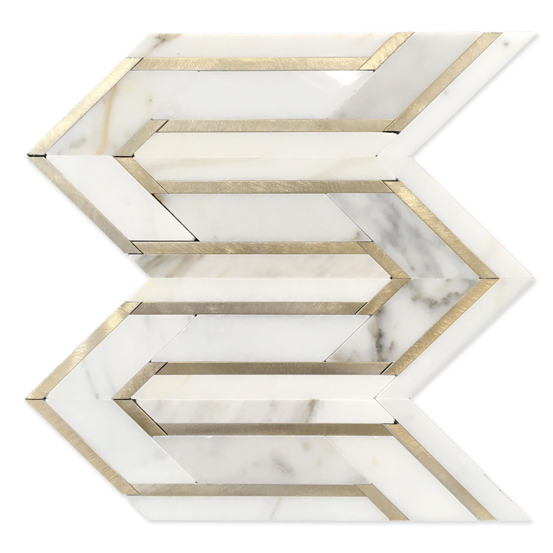 Arrows-Calacatta Gold with Gold Metal Accents 12-in x 9-in Polished Waterjet Mosaic Wall Tile( 3.55 sq. ft. /Box )