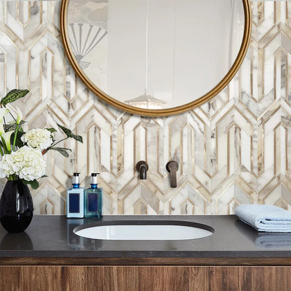 Arrows-Calacatta Gold with Gold Metal Accents 12-in x 9-in Polished Waterjet Mosaic Wall Tile( 3.55 sq. ft. /Box )