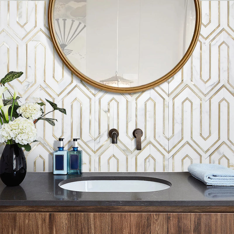Arrows-Calacatta Gold with Gold Metal Accents 12-in x 9-in Polished Waterjet Mosaic Wall Tile( 3.55 sq. ft. /Box )