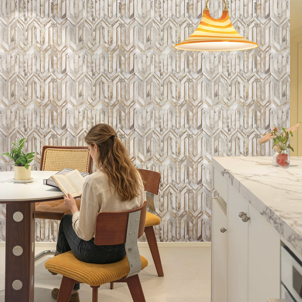 Arrows-Calacatta Gold with Gold Metal Accents 12-in x 9-in Polished Waterjet Mosaic Wall Tile( 3.55 sq. ft. /Box )