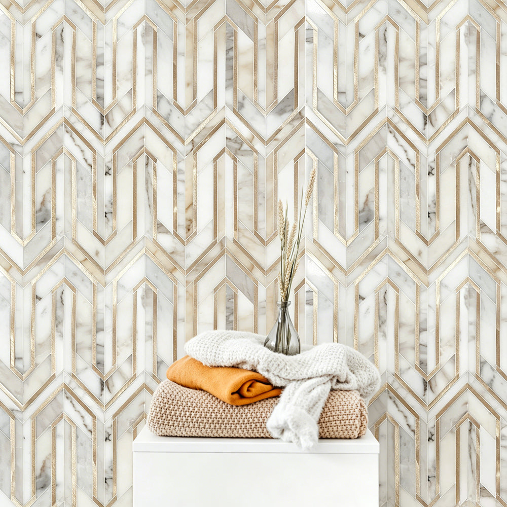 Arrows-Calacatta Gold with Gold Metal Accents 12-in x 9-in Polished Waterjet Mosaic Wall Tile( 3.55 sq. ft. /Box )