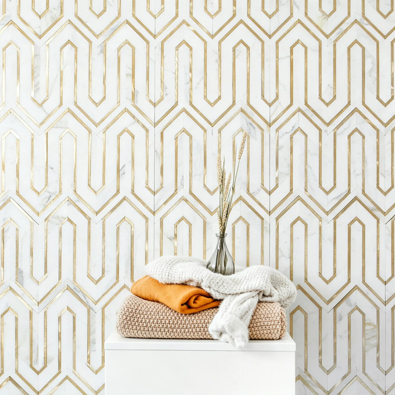 Arrows-Calacatta Gold with Gold Metal Accents 12-in x 9-in Polished Waterjet Mosaic Wall Tile( 3.55 sq. ft. /Box )
