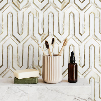 Arrows-Calacatta Gold with Gold Metal Accents 12-in x 9-in Polished Waterjet Mosaic Wall Tile( 3.55 sq. ft. /Box )