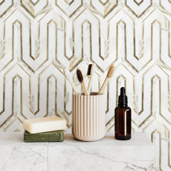 Arrows-Calacatta Gold with Gold Metal Accents 12-in x 9-in Polished Waterjet Mosaic Wall Tile( 3.55 sq. ft. /Box )