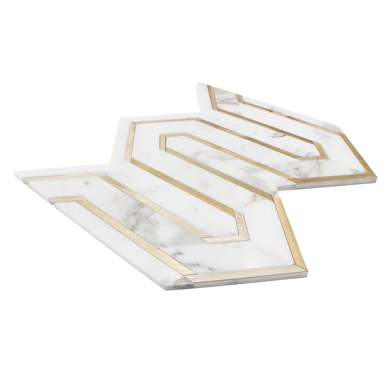 Arrows-Calacatta Gold with Gold Metal Accents 12-in x 9-in Polished Waterjet Mosaic Wall Tile( 3.55 sq. ft. /Box )